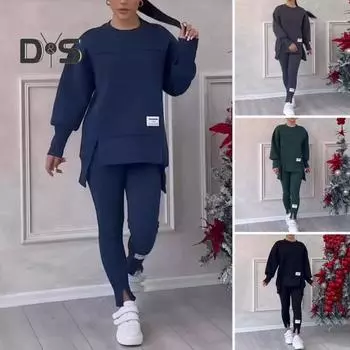 2 шт./комплект женский топ брюки костюм круглый вырез длинный рукав разрез подол толстовка эластичный пояс однотонные облегающие брюки зимний повседневный наряд L зелёный