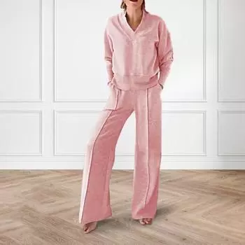 2 шт./комплект женский топ брюки костюм V-образный вырез длинные рукава сплошной цвет средний XXXXL зелёный