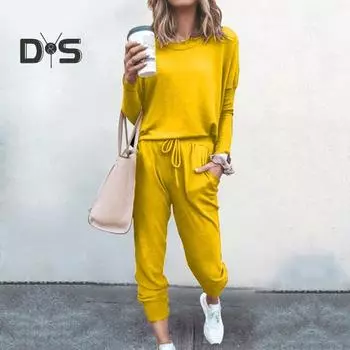 2 шт./комплект женский топ брюки костюм O-образный вырез длинные рукава однотонный спортивный свитшот завязывающийся на резинке пояс брюки до щиколотки фитнес-наряд осень M темно-зеленого