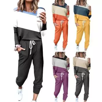 2 шт./комплект женский топ брюки костюм круглый вырез длинный рукав цветной блок спорт S темно-серого