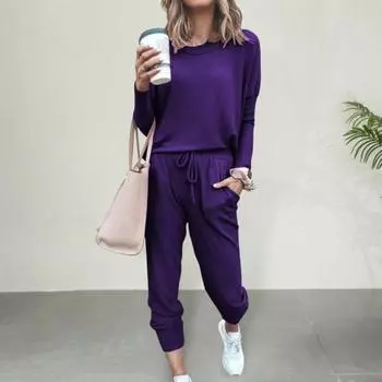 2 шт./комплект женский топ брюки костюм O-образный вырез длинные рукава однотонный спортивный S фиолетовый