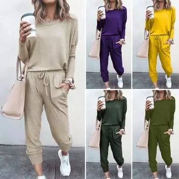 2 шт./комплект женский топ брюки костюм O-образный вырез длинные рукава однотонный спортивный свитшот эластичный пояс завязывающийся шнурок брюки до щиколотки фитнес-костюм S