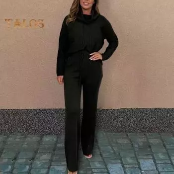 2 шт./комплект женский топ брюки костюм высокий воротник длинный рукав однотонный спортивный свитшот завязывающийся на шнурок эластичный пояс широкие брюки фитнес-костюм M серый