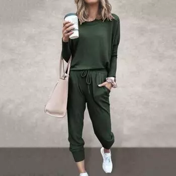 2 шт./комплект женский топ брюки костюм O-образный вырез длинные рукава однотонный спортивный свитшот эластичный пояс завязывающийся шнурок брюки до щиколотки фитнес-костюм S