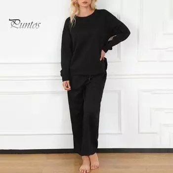 2 шт./комплект женский топ брюки костюм O-образный вырез длинные рукава однотонный спортивный свитшот завязывающийся на резинке талия широкие брюки фитнес-наряд осень весна XXL серый