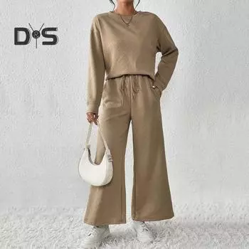 2 шт./комплект женский топ брюки костюм O-образный вырез длинные рукава однотонный спортивный свитшот завязывающийся на резинке талия широкие брюки фитнес-наряд осень весна XXL верблюд