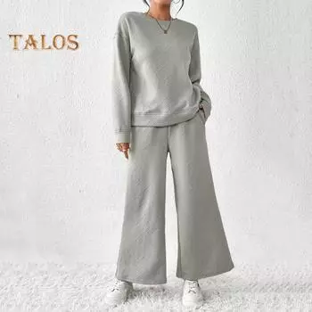 2 шт./комплект женский топ брюки костюм O-образный вырез длинные рукава однотонный спортивный свитшот завязывающийся на резинке талия широкие брюки фитнес-наряд осень весна XXL чёрный