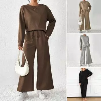 2 шт./комплект женский топ брюки костюм O-образный вырез длинные рукава однотонный спортивный свитшот завязывающийся на резинке талия широкие брюки фитнес-костюм XXL чёрный