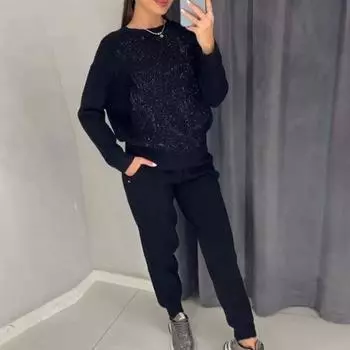 2 шт./комплект женский топ брюки костюм со стразами декор O-образный вырез длинные рукава S серебряный серый