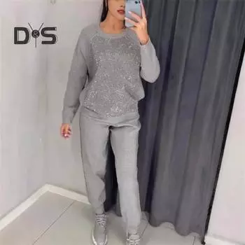 2 шт./комплект женский топ брюки костюм со стразами декор О-образный вырез длинные рукава пэчворк спортивный свитшот эластичный пояс брюки фитнес-наряд осень весна S абрикосовый