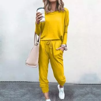 2 шт./комплект женский топ брюки костюм O-образный вырез длинные рукава однотонный спортивный свитшот эластичный пояс завязывающийся шнурок брюки до щиколотки фитнес-костюм S