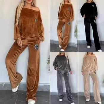 2 шт./комплект женский топ брюки костюм бархат круглый вырез рукава летучая мышь блузка широкие штанины S абрикосовый