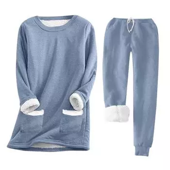 2 шт./комплект женский топ брюки костюм однотонный длинный рукав О-образный вырез топ эластичный пояс толстые плюшевые брюки спортивный фитнес костюм пижама одежда для сна M небесно-голубой