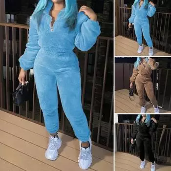 2 шт./комплект женский топ брюки костюм однотонный длинный рукав воротник стойка топ эластичный пояс толстые плюшевые брюки спортивный фитнес наряд пижама одежда для сна XL чёрный