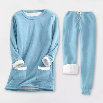 2 шт./комплект женский топ брюки костюм однотонный длинный рукав О-образный вырез топ эластичный пояс толстые брюки с плюшевой подкладкой спортивный фитнес-костюм пижама M розовый