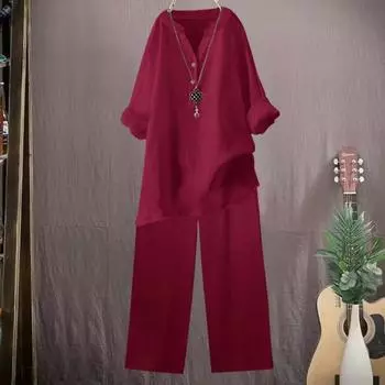 2 шт./комплект женский топ брюки костюм однотонный длинный рукав V-образный вырез эластичный пояс прямые широкие брюки прямые спортивные фитнес-костюм S небесно-голубой