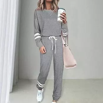 2 шт./комплект женский топ брюки костюм круглый вырез длинный рукав полосатый однотонный свитшот завязывающийся на шнурок эластичный пояс брюки повседневная одежда спортивный наряд S арбуз красный