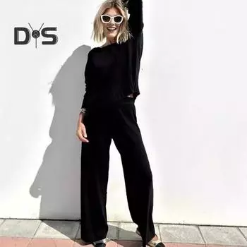 2 шт./комплект женский топ брюки костюм круглый вырез длинный рукав трикотажный однотонный свитшот эластичный пояс брюки повседневная одежда спортивный наряд осень весна S верблюд