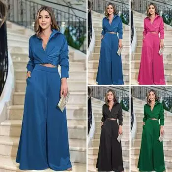 2 шт./комплект женский топ брюки костюм с глубоким вырезом V-образный вырез отложной воротник плиссированный S розы красного