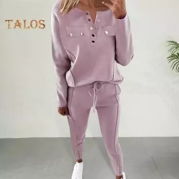 2 шт./комплект женский топ брюки костюм круглый вырез длинный рукав однотонная блузка эластичный пояс облегающие брюки повседневная одежда спортивный наряд осень весна XL розовый
