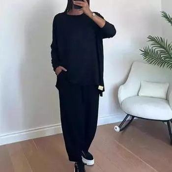 2 шт./комплект женский топ брюки костюм круглый вырез рукав летучая мышь плюс размер однотонный цвет свободная блузка завязывающийся шнурок эластичный пояс шаровары брюки повседневные L чёрный