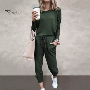 2 шт./комплект женский топ брюки костюм O-образный вырез длинные рукава однотонный спортивный свитшот завязывающийся на резинке пояс брюки до щиколотки фитнес-наряд осень S жёлтый