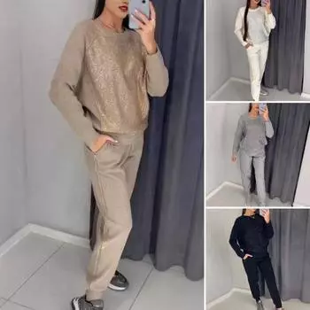 2 шт./комплект женский топ брюки костюм со стразами декор O-образный вырез длинные рукава пэчворк спортивный свитшот эластичный пояс брюки фитнес-наряд S