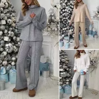 2 шт./комплект женский топ брюки костюм высокий воротник длинные рукава однотонный трикотажный спортивный свитшот эластичный пояс широкие брюки фитнес-костюм XL хаки