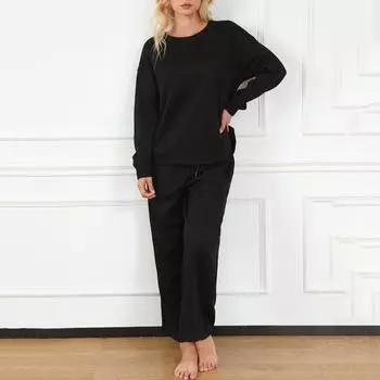 2 шт./комплект женский топ брюки костюм O-образный вырез длинные рукава однотонный спортивный свитшот завязывающийся на резинке талия широкие брюки фитнес-костюм XXL коричневый