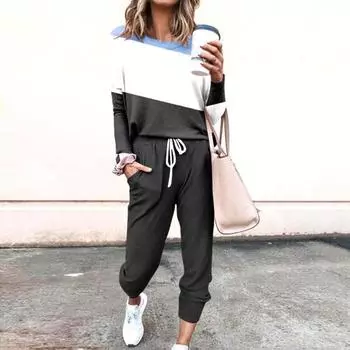 2 шт./комплект женский топ брюки костюм круглый вырез длинный рукав цветной спортивный свитшот с завязками эластичный пояс брюки фитнес одежда осень весна S