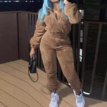 2 шт./комплект женский топ брюки костюм однотонный длинный рукав воротник стойка топ эластичный пояс толстые плюшевые брюки спортивный фитнес пижама осень XXL верблюд