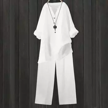 2 шт./комплект женский топ брюки костюм однотонный длинный рукав V-образный вырез эластичный пояс прямые широкие брюки прямые спортивные фитнес-костюм S темно-синий