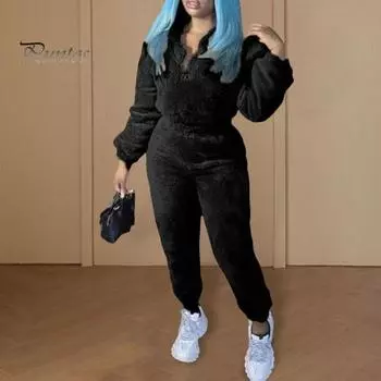 2 шт./комплект женский топ брюки костюм однотонный длинный рукав воротник стойка топ эластичный пояс толстые плюшевые брюки спортивный фитнес костюм пижама осень зима S небесно-голубой