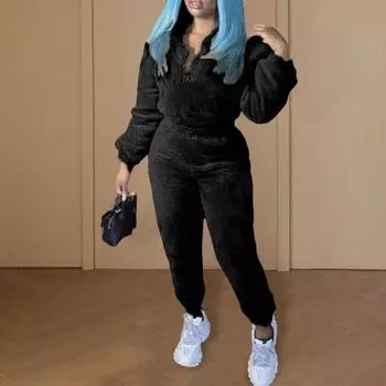 2 шт./комплект женский топ брюки костюм однотонный длинный рукав воротник стойка топ эластичный пояс толстые плюшевые брюки спортивный фитнес наряд пижама XXL верблюд
