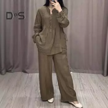 2 шт./комплект женский топ брюки костюм круглый вырез полу однобортный длинный рукав свободная блузка широкие брюки однотонные брюки повседневный брючный костюм спортивная одежда XL темно-синий