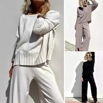 2 шт./комплект женский топ брюки костюм круглый вырез длинный рукав трикотажный однотонный свитшот эластичный пояс брюки повседневная одежда спортивный наряд S верблюд