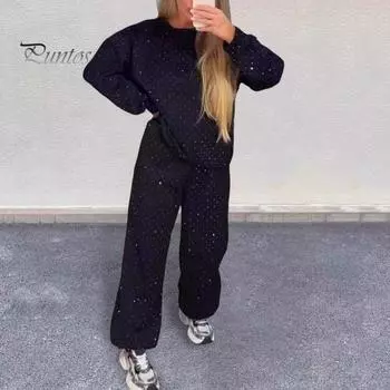 2 шт./комплект женский топ брюки костюм круглый вырез длинный рукав стразы декор толстовка эластичный пояс широкие брюки повседневная одежда спортивный наряд осень M синий