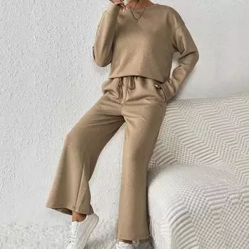 2 шт./комплект женский топ брюки костюм круглый вырез длинный рукав текстурированный однотонный свитшот эластичный пояс широкие брюки повседневная одежда спортивный наряд L абрикосовый