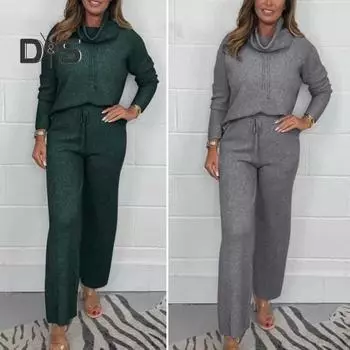 2 шт./комплект женский топ брюки костюм высокий воротник длинный рукав однотонный спортивный свитшот завязывающийся на шнурок эластичный пояс широкие брюки фитнес-костюм S королевский синий