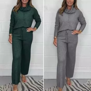 2 шт./комплект женский топ брюки костюм высокий воротник длинный рукав однотонный спортивный свитшот завязывающийся на шнурок эластичный пояс широкие брюки фитнес M