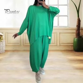 2 шт./комплект женский топ брюки костюм круглый вырез рукав летучая мышь плюс размер однотонный цвет свободная блузка завязывающийся шнурок эластичный пояс шаровары брюки повседневная одежда M чёрный