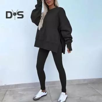 2 шт./комплект женский топ брюки костюм круглый вырез длинный рукав асимметричный подол толстовка эластичный пояс однотонные брюки зимний повседневный спортивный костюм S синий