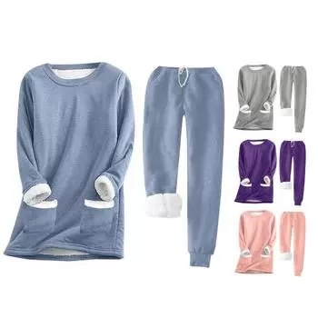 2 шт./комплект женский топ брюки костюм однотонный длинный рукав О-образный вырез топ эластичный пояс толстые плюшевые брюки спортивный фитнес пижама осень S серый