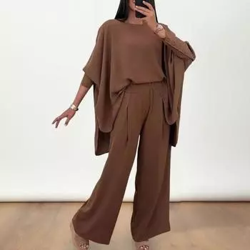 2 шт./комплект женский топ брюки костюм круглый вырез нерегулярный подол рукава летучая мышь однотонная блузка эластичная талия широкие брюки повседневная одежда для поездок на работу M абрикосовый