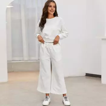 2 шт./комплект женский топ брюки костюм круглый вырез длинный рукав текстурированный однотонный свитшот завязывающийся на резинке талия широкие брюки повседневная одежда M темно-синий