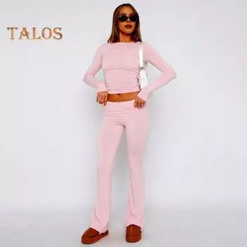 2 шт./комплект женский топ брюки костюм круглый вырез длинный рукав однотонный цвет узкая блузка эластичный пояс расклешенные брюки повседневная одежда спортивный наряд осень S темно-серого