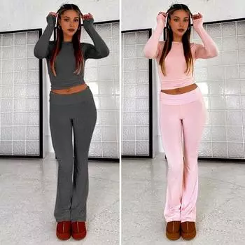 2 шт./комплект женский топ брюки костюм круглый вырез длинный рукав однотонный цвет узкая блузка эластичный пояс расклешенные брюки повседневная одежда спортивный наряд S синий