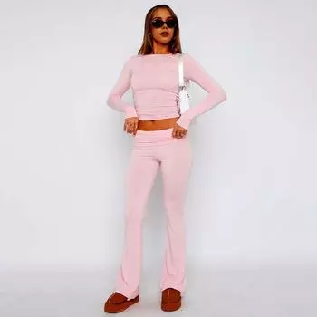 2 шт./комплект женский топ брюки костюм круглый вырез длинный рукав однотонный цвет узкая блузка эластичный пояс S розовый