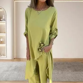 2 шт./комплект женский топ брюки костюм с рукавами девятый с запонками нестандартная рваная блузка средней длины широкие брюки комплект повседневный повседневный наряд S синий