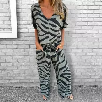 2 шт./комплект женский топ брюки костюм полосатый принт контрастный цвет V-образный вырез короткий рукав блузка широкие брюки эластичный пояс на талии наряд для поездок на работу повседневный S зелёный